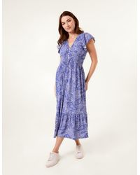Blue Vanilla - Frill Sleeve V Neck Button Front Midi Dress - Lyst