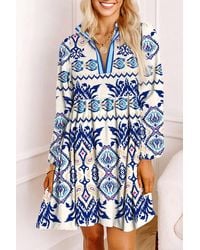 Azura Exchange - Geprinte Mini Jurk Met Lange Mouwen - Lyst