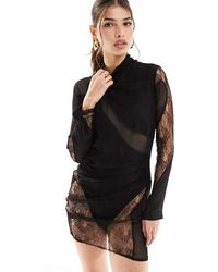 ASOS - Sheer Mesh Mini Dress With Lace Panels And Bodysuit - Lyst