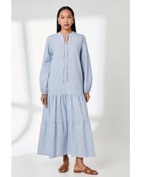 PRINCIPLES - Stripe Tie Front Blouson Sleeve Maxi Dress Cotton - Lyst