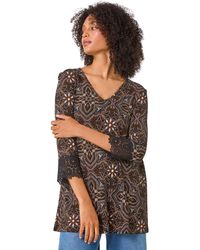 Roman - Abstract Print Lace Detail Tunic Top - Lyst