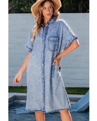 Azura Exchange - Loose Medium Wash Short Sleeve Shirt Chambray Dress Cotton - Lyst