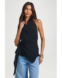 Boohoo - Hammered Halter Cowl Tie Side Drape Blouse - Lyst