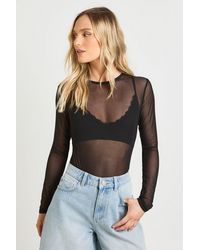 Boohoo - Petite Basic Mesh Long Sleeve Bodysuit - Lyst