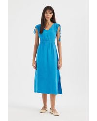 Hiccup - V Neck Side Slit Cap Sleeve Midi Dress With A Tie Detail - Lyst
