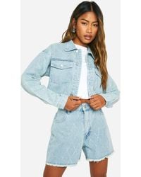 Boohoo - Diamante Hot Fix Fray Hem Long Denim Shorts - Lyst
