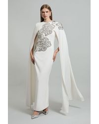 Karen Millen - Petite Placed Floral Crystal Embellished Tailored Drama Cape Maxi Dress - Lyst