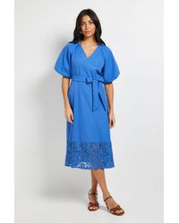 Wallis - Puff Sleeve Lace Trim Midi Dress - Lyst