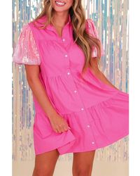 Azura Exchange - Bonbon Sequined Bubble Sleeve Tiered Ruffled Shirt Dress - Lyst
