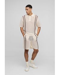 BoohooMAN - Boxy Fit Open Stitch Stripe Button Neck Knitted Polo Shorts Set - Lyst