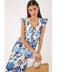 Roman - Abstract Print Frill Detail Midi Dress - Lyst