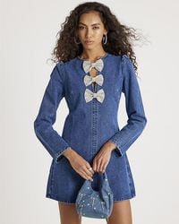 River Island - Mini Dress Denim Embellished Bow Cotton - Lyst