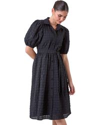 Roman - Textured Puff Sleeve Midi Shirt Dress - Lyst