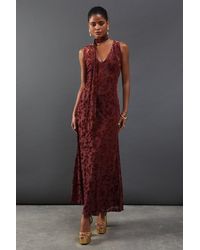 Warehouse - Burnout Jacquard Tie Neck Plunge Maxi Dress - Lyst