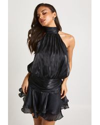 Boohoo - Textured Satin Ruched Frill Skirt Halterneck Mini Dress - Lyst