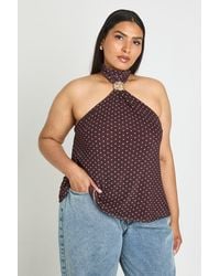 Boohoo - Plus Trim Detail Halter Neck Polka Dot Top - Lyst