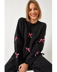 Bianco Lucci - Patterned Acrylic Crew Neck Sweater With Bow Detail - Lyst