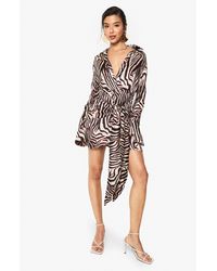 Boohoo - Zebra Satin Wrap Skirt Shirt Dress - Lyst