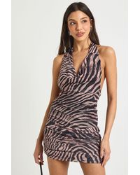 Boohoo - Zebra Printed Mesh High Neck Cowl Mini Dress - Lyst