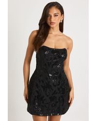Boohoo - Bandeau Structured Velvet Lace Demask Skater Mini Dress - Lyst