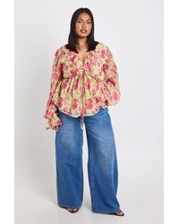 Boohoo - Plus Ruffle Tie Front Smock Top - Lyst