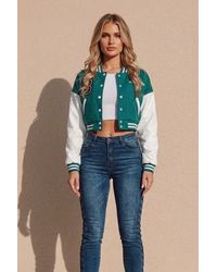 Femme Luxe - Varsity Slogan Contrast Sleeve Bomber - Lyst