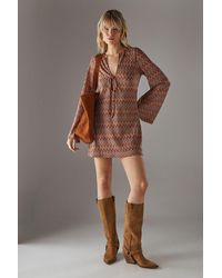 Warehouse - Crochet Tie Front Flare Sleeve Mini Dress - Lyst