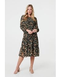 Izabel London - Floral Long Sleeve Smocked Midi Dress - Lyst