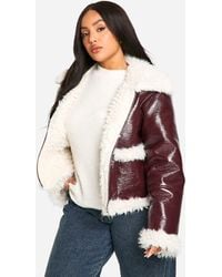 Boohoo - Plus Vinyl Faux Fur Trim Jacket - Lyst