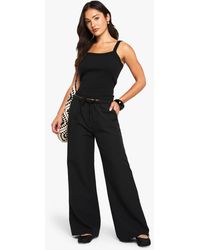 Boohoo - Petite Woven Elasticated Waist Straight Leg Pants - Lyst