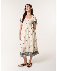 Blue Vanilla - Shirred Square Neck Border Print Puff Sleeve Midi Dress - Lyst