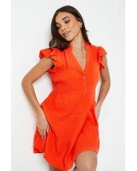 Oasis - Petite Textured Muslin Frill Sleeve Tiered Mini Dress - Lyst