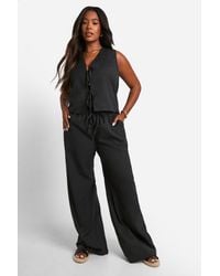 Boohoo - Plus Linen Look Tie Front Crop & Wide Leg Pants - Lyst