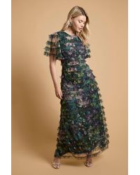 Oasis - Print Ruffle Mesh Maxi Dress - Lyst