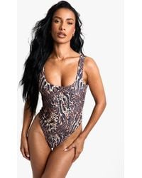Boohoo - Petite Swimwear Essentials Leopard Square Neck Bathing Suit - Lyst