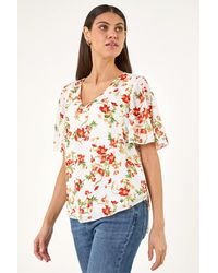 Roman - Floral Print Angel Sleeve Top - Lyst