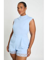 Boohoo - Plus High Neck Lace Trim Tailored Playsuit - Lyst