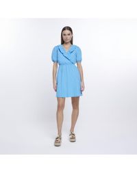 River Island - Wrap Mini Dress Puff Sleeve Cotton - Lyst