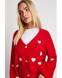 Boohoo - Fluffy Knit Heart Embroidered Oversized Knitted Cardigan - Lyst