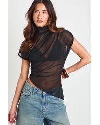Boohoo - Mesh High Neck Ruched Side Asymmetric Top - Lyst