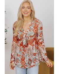Everyday the Label - Floral Print Deep V Neck Knot Bell Sleeve Blouse - Lyst