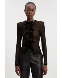 Karen Millen - Mesh With Velvet Bow Trim Detail Crew Neck Long Sleeve Top - Lyst