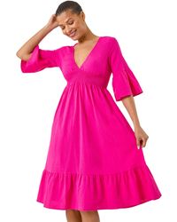 Roman - Linen Look Shirred Midi Dress - Lyst