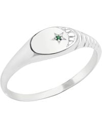 The Jewellery Stockroom - Sterling Ribbed Signet Ring Emerald Cz Stone And Moon Detail - Lyst