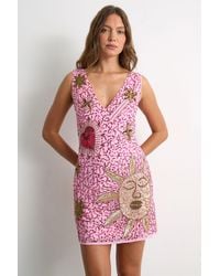 Warehouse - Premium Hand Embellished V Neck Mini Dress - Lyst