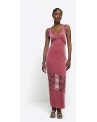 River Island - Pink Velvet Lace Slip Maxi Dress - Lyst
