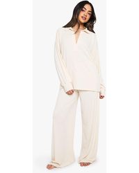 Boohoo - Loungewear Soft Rib Collared Long Sleeve Top & Trousers Pyjama Set - Lyst