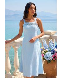 Roman - Linen Blend Lace Trim Midi Dress - Lyst