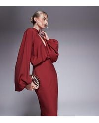 ASOS - Design High Neck Plunge Maxi Dress With Blouson Sleeves - Lyst