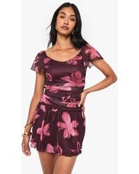 Boohoo - Floral Print Ruched Cap Sleeve Mini Dress - Lyst